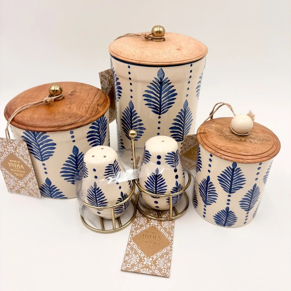 Made in India Blue Floral Leaf Hand Painted Ceramic Canister Set Salt Pepper 5pc
